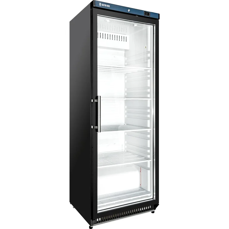 GASTROHERO Lagerkühlschrank 400, 336 Liter mit Glastür, Innenraum aus Kunststoff, schwarz, digitale Temperatursteuerung, LED-Innenbeleuchtung, abschließbar