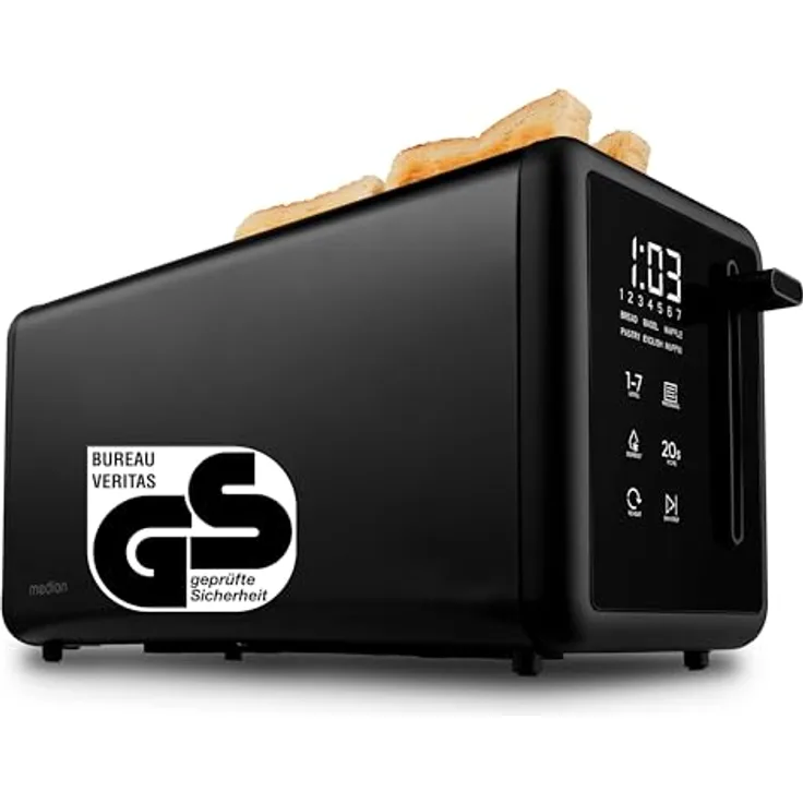 MEDION MD 12103 Toaster 4 Scheiben mit Brötchenaufsatz, 1.450 Watt, 7 Bräunungsstufen, 5 Automatikprogramme, Edelstahl matt, schwarz