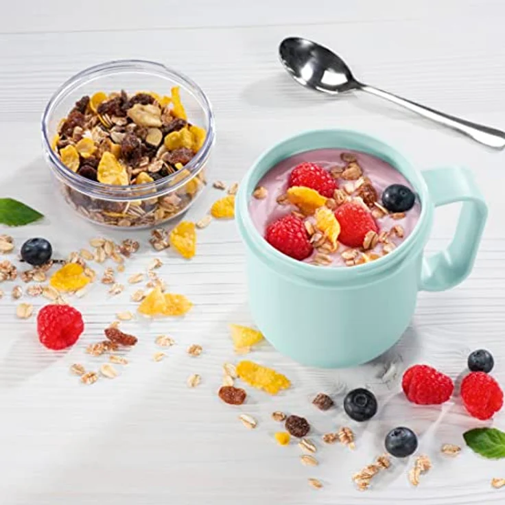 Xavax Müslibecher 2 Go, 500+200 ml (2 Fächer, Müslibecher für z.B. Joghurt, Milch, extra Topper für Müsli, Obst, Cornflakes etc., auslaufsicherer To Go Becher, spülmaschinenfest) Pastellblau/Grau – Bild 5