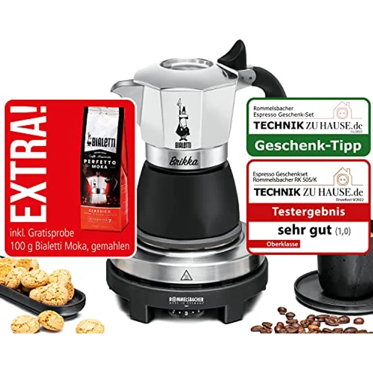 Rommelsbacher Espresso Geschenkset RK 505/K-Mini Kochplatte, 80 mm Ø, stufenlos regelbar, Original Bialetti Moka Kanne, 90 ml, Brühsystem für Crema-Bildung, inkl. 100 g Moka gemahlen, Schwarz/Silber – Bild 2