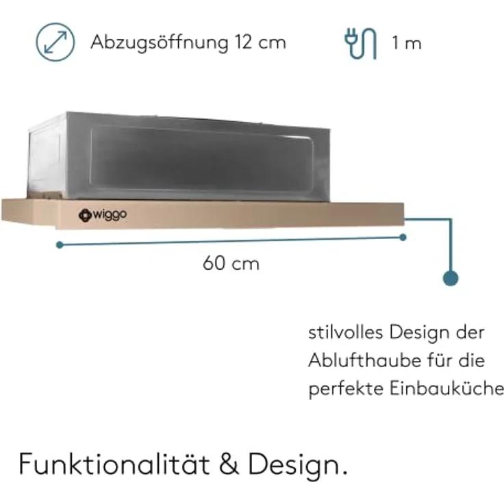 Wiggo Dunstabzugshaube 60cm WE-632R creme I Flachschirmhaube für Abluft oder Umluft Dunstabzug 300m³/h mit LED-Beleuchtung I Einbau-Dunstabzugshaube inkl. Fettfilter & 2× Kohlefilter – Bild 5