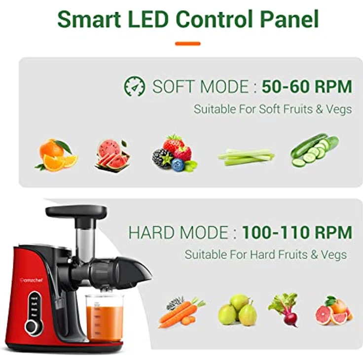 AMZCHEF Entsafter Gemüse und Obst mit 2 Geschwindigkeitsmodi - Entsafter Slow Juicer mit Tragbare Flasche und 2 Tassen - BPA freie Cold Press Juicer mit Intelligente LED und Umkehrfunktion - Rot – Bild 2