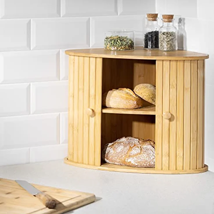 Navaris Brotkasten Ecke aus Bambus - Eckbrotkasten Zwei Etagen - Brotbox aus Holz - Box für die Küche - XL Brotkorb 35x35x35cm - Aufbewahrung Schrank – Bild 2