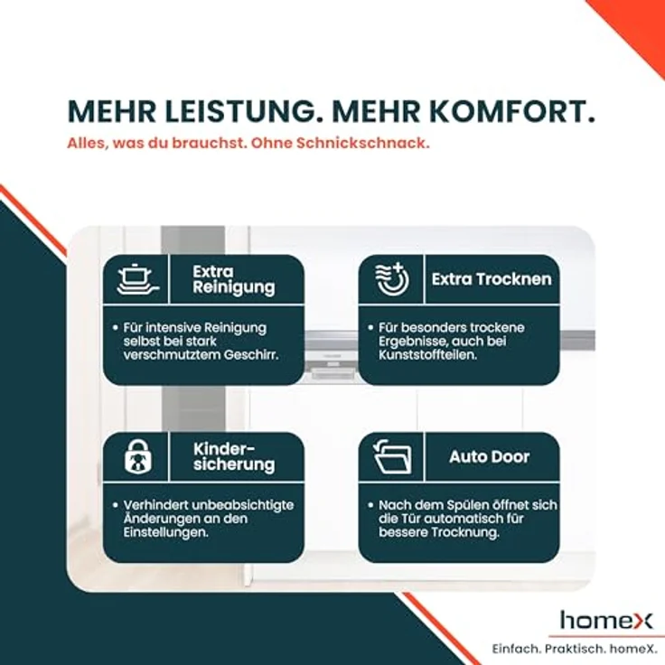 homeX DWSI601444C Geschirrspüler 60 cm, teilintegrierbare Spülmaschine für 14 Maßgedecke, 7 Programme, AquaStop, 44 dB, Edelstahl-Innenraum – Bild 8