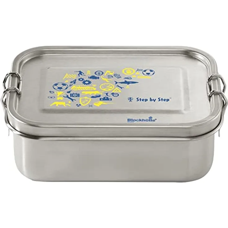 Step by Step Edelstahllunchbox, Blue & Yellow, mit Trennwand und Klickverschluss, spülmaschinenfest, BPA-frei, für Schule und Kindergarten, 0,8L