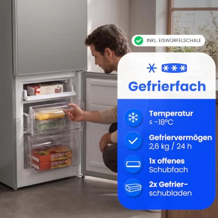 Bomann® KG 320.3, Kühlschrank mit Gefrierfach, 143 cm, 173L, Edelstahloptik, leise, Türanschlag wechselbar – Bild 4