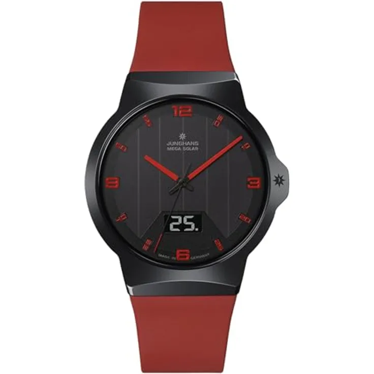 JUNGHANS Funk-Solar Herrenuhr Force Mega Solar, rot mit analog-digitaler Anzeige, kratzfestem Gehäuse und leuchtendem Zifferblatt