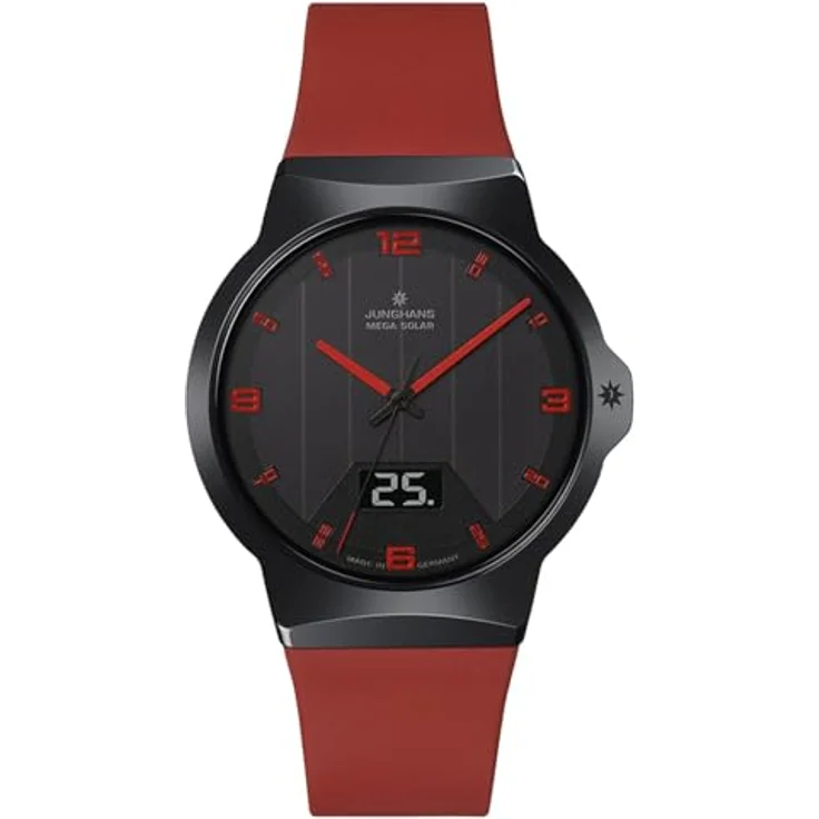 JUNGHANS Funk-Solar Herrenuhr Force Mega Solar, rot mit analog-digitaler Anzeige, kratzfestem Gehäuse und leuchtendem Zifferblatt – Bild 1
