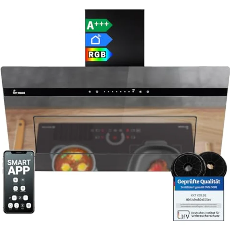 KKT KOLBE PLOOM9005M Dunstabzugshaube 90 cm, A+++ Energieeffizienz, 782 cbm/h, Kopffrei, Schwarz Glas Spiegel, Smart WiFi App, Nachlaufautomatik, SensorTouch, RGBW LED-Beleuchtung – Bild 1