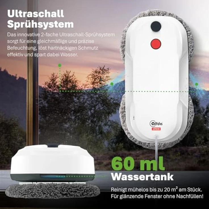 alfda Fensterputzroboter AFR230, 60ml Wassertank mit Sprühfunktion, automatische Saugkraftregulierung, 3200 Pa Saugleistung, inklusive Fernbedienung und Sicherheitsseil – Bild 5