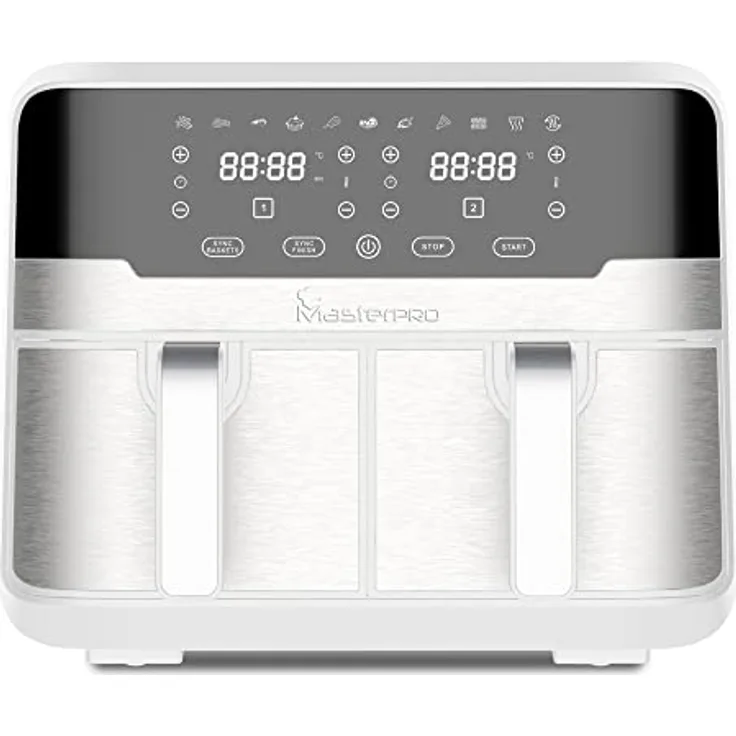 MasterPRO Rocket Duo 900 | Hot Air Fryer Double | White | 9L Capacity and 2100W Power | LED Touch Screen and Non-Stick Basket | Fryer | 11 Functions in 1