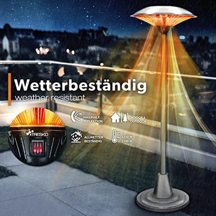 TRESKO Heizstrahler Infrarot Heizpilz, Wärmestrahler Terrasse elektrisch, 2500 W, Terrassenstrahler Innen & Außen, Standheizstrahler mit LED-Anzeige, Edelstahl/Silber – Bild 4
