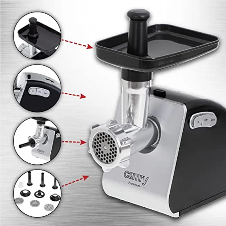 CAMRY CR 4812 Elektrischer Fleischwolf, 1600 W, multifunktionale Fleischmaschine mit Reverse-Funktion, Fleischwolf mit doppelseitiges Edelstahlmesser Grau – Bild 2