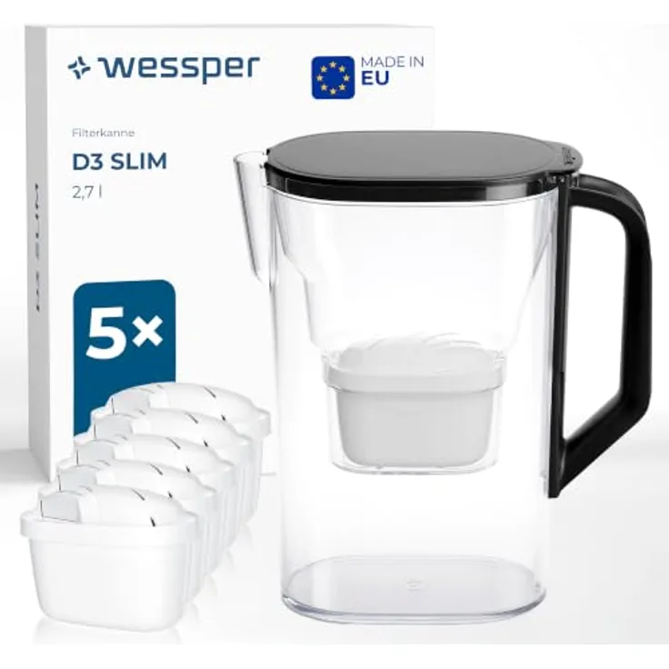 Wessper Wasserfilter Kanne 2,7L für Kühlschranktür mit 6 Aktivkohlefiltern, schwarz