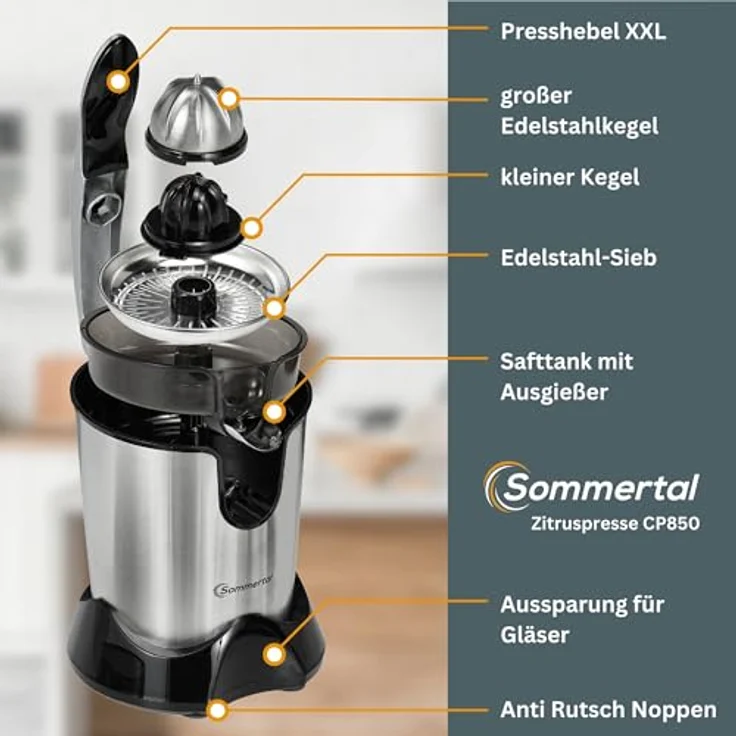 Sommertal Zitruspresse CP850 elektrische Saftpresse inkl. 2 Presskegel, manuelle Handpresse, Orangenpresse Zitronenpresse aus Edelstahl, Juicer Entsafter mit starkem 850W Motor, silber – Bild 3