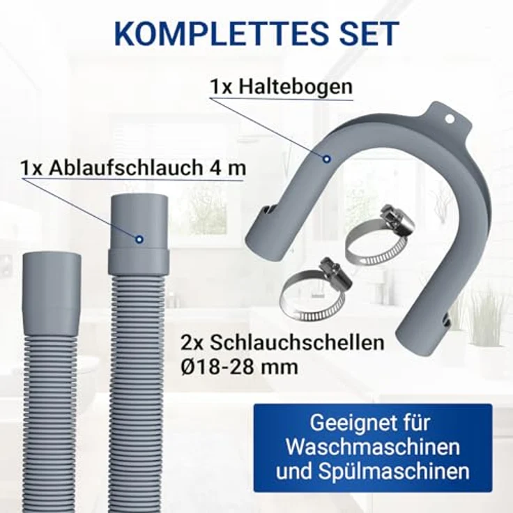 VIOKS Flexibler Ablaufschlauch Waschmaschine, 4m Länge, 19/22mmØ mit 2x Edelstahl Schlauchschellen 18-28mmØ, robust und chemikalienbeständig – Bild 2