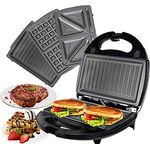 OZAVO Sandwichmaker 3 in 1, Waffeln, Paninitoaster, 3 abnehmbare Grillplatten, Tisch-Grill für Toast, Waffeln, Fleisch, Schwarz, 750W