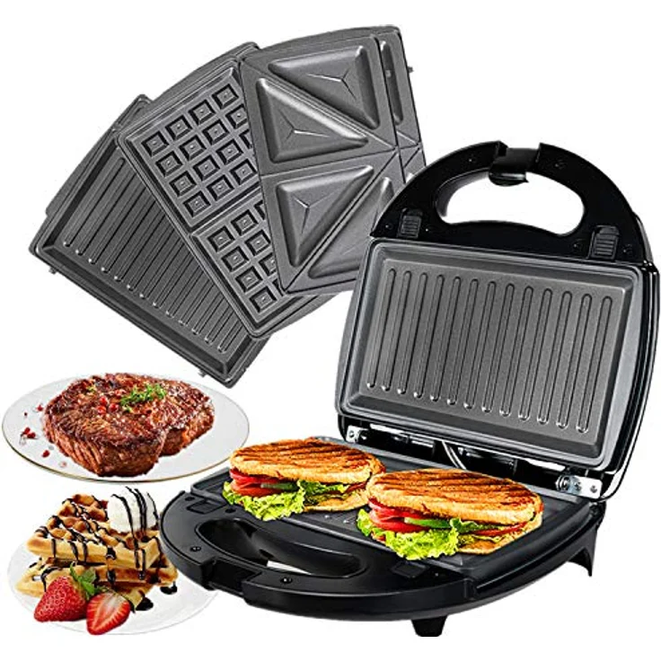 OZAVO Sandwichmaker 3 in 1, Waffeln, Paninitoaster, 3 abnehmbare Grillplatten, Tisch-Grill für Toast, Waffeln, Fleisch, Schwarz, 750W – Bild 1