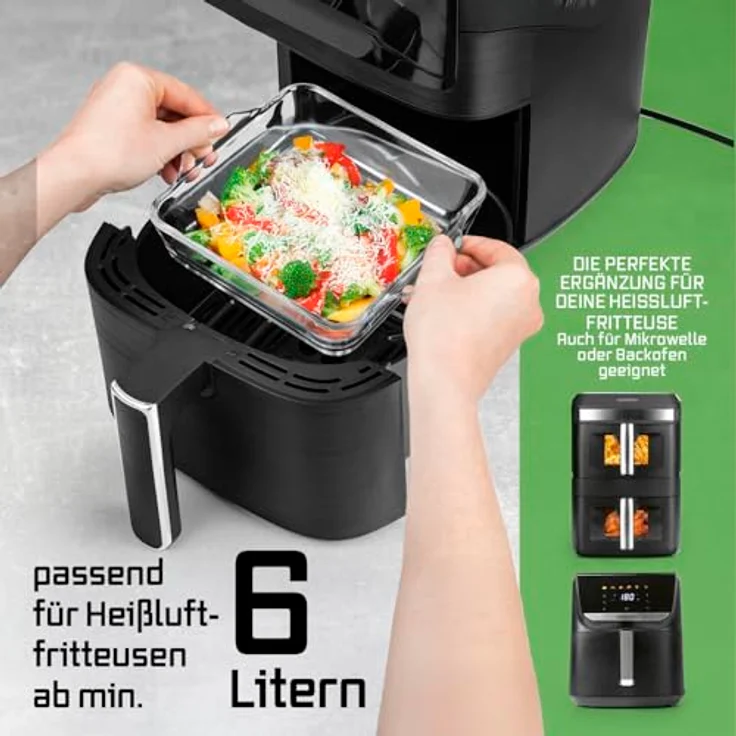 GOURMETmaxx Auflaufform für Heißluftfritteuse & Ofen, 1500 ml Borosilikatglas, rechteckig, temperaturbeständig von -20 bis +460 °C, inkl. 2 Griffe, spülmaschinengeeignet – Bild 5