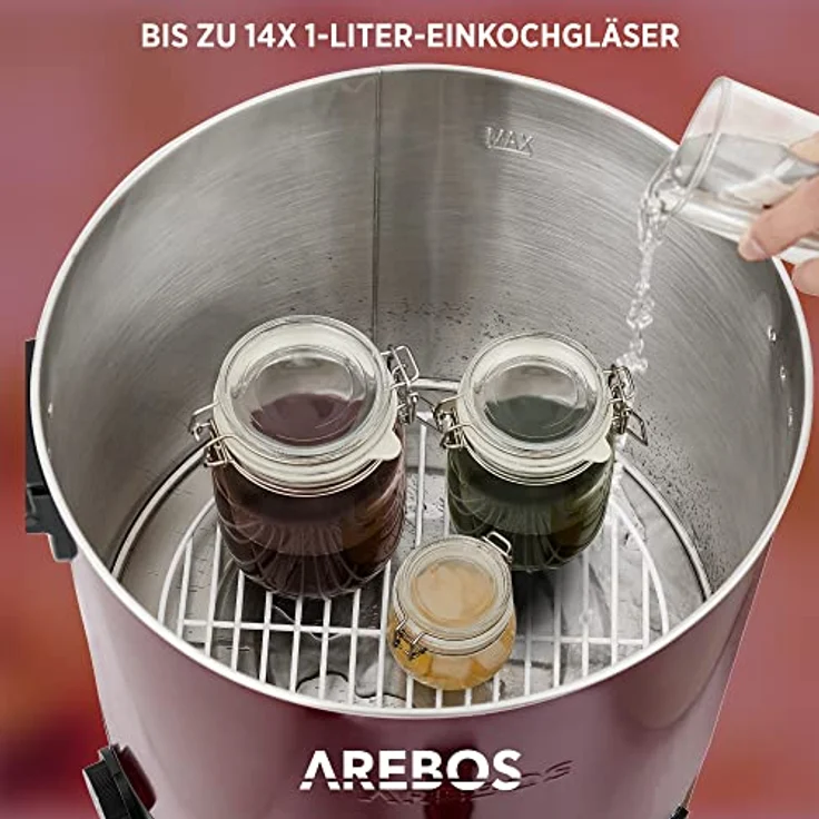 Arebos Einkochautomat 2500 W | Einkochtopf 28 L | mit Thermostat & Überhitzungsschutz | stufenlose Temperatureinstellung 30-110°C | Glühweinkocher | inkl. Einmachglasheber & Einmachtrichter | Rot – Bild 4