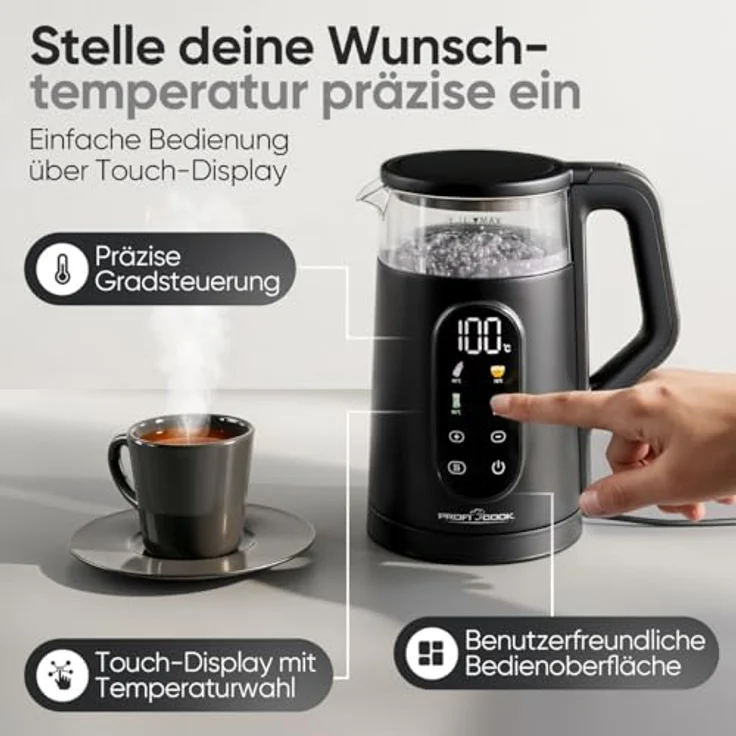 ProfiCook® PC WK 1328 G Wasserkocher, 1,7L mit Temperatureinstellung 40-100°C, Schnellstartfunktion, 2200W, wärmeisolierter Glasbehälter, Warmhaltefunktion, Einhandbedienung, BPA frei – Bild 2