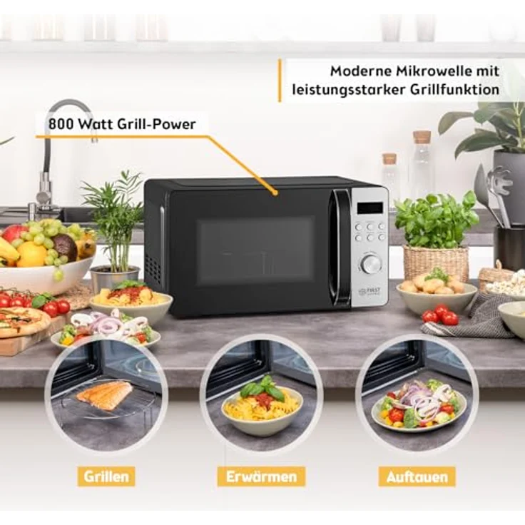 TZS First Austria Digitale Mikrowelle mit Grill, 20l, 700W Mikrowelle, 800W Grill, Edelstahl, 8 Automatik-Programme, LED-Display, kompakt, Auftaufunktion, Grillrost – Bild 3