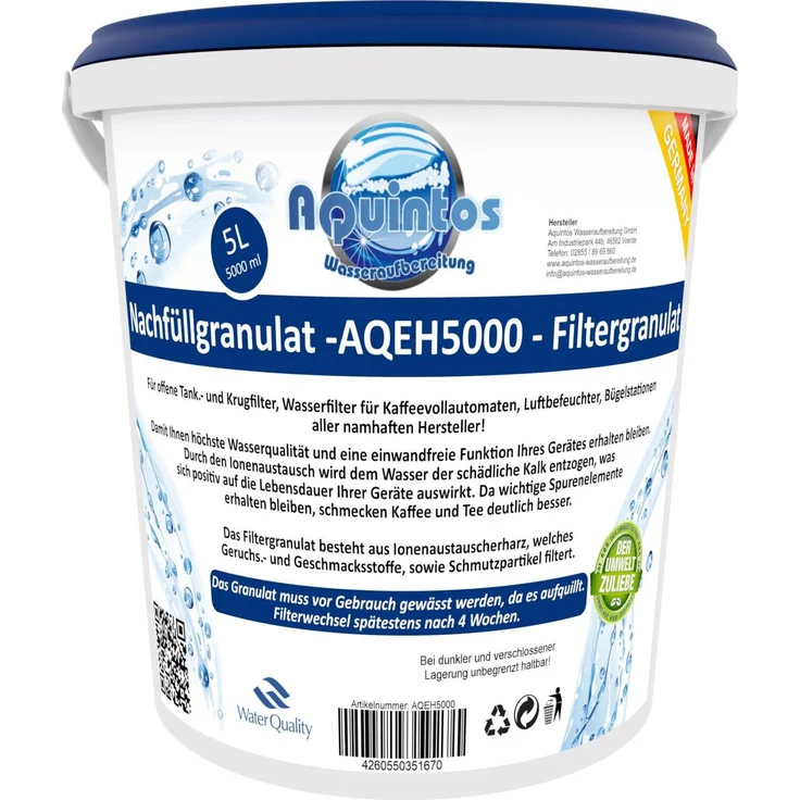 Aquintos Aquintos Kalkschutz++ Nachfüll Granulat für Wasserfilter Kaffeevollautomaten Tischwasserfilter Filterpatrone 5 Liter Refill Granulat AQEH5000 - auch für sehr hartes Wasser geeignet