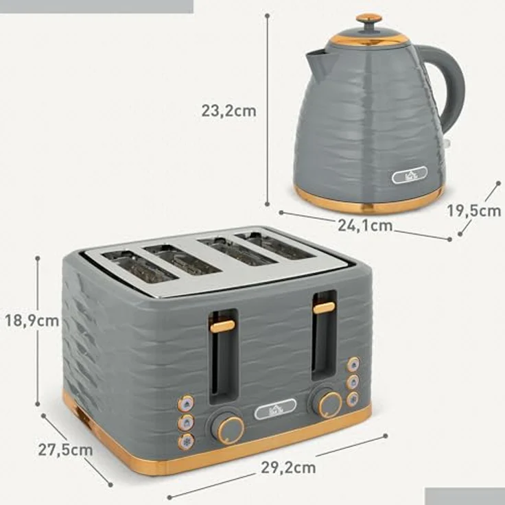 HOMCOM Toaster Wasserkocher- und Toaster-Sets Schnellkochkesse, 4 Schlitze, für 4 Scheiben, 3000 W, Auftau-, Aufwärm- und Krümelschublade, Otter-Thermostat, Grau – Bild 5