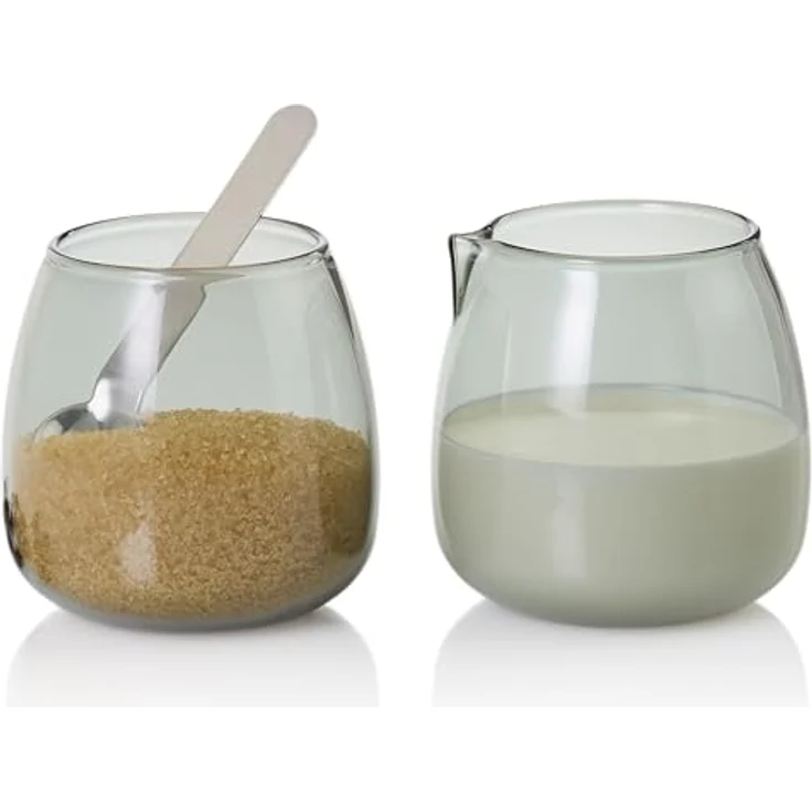 AdHoc MZ02 Set Milchkännchen und Zuckerdose mit Untersetzer YUNA | Premium Borosilikatglas in Rauchgrau & Holz, skandinavisches Design - Preisvergleich – Bild 2
