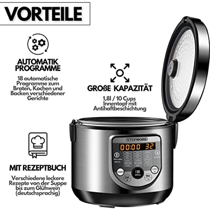 18in1 Multikocher Schongarer | 900 Watt | 5 Liter | Reiskocher | Dampfgarer | Speisewärmer | Sautierpfanne | Joghurtbereiter | Multi Kocher | Schnellkochtopf | Heißgarer | Garer – Bild 5