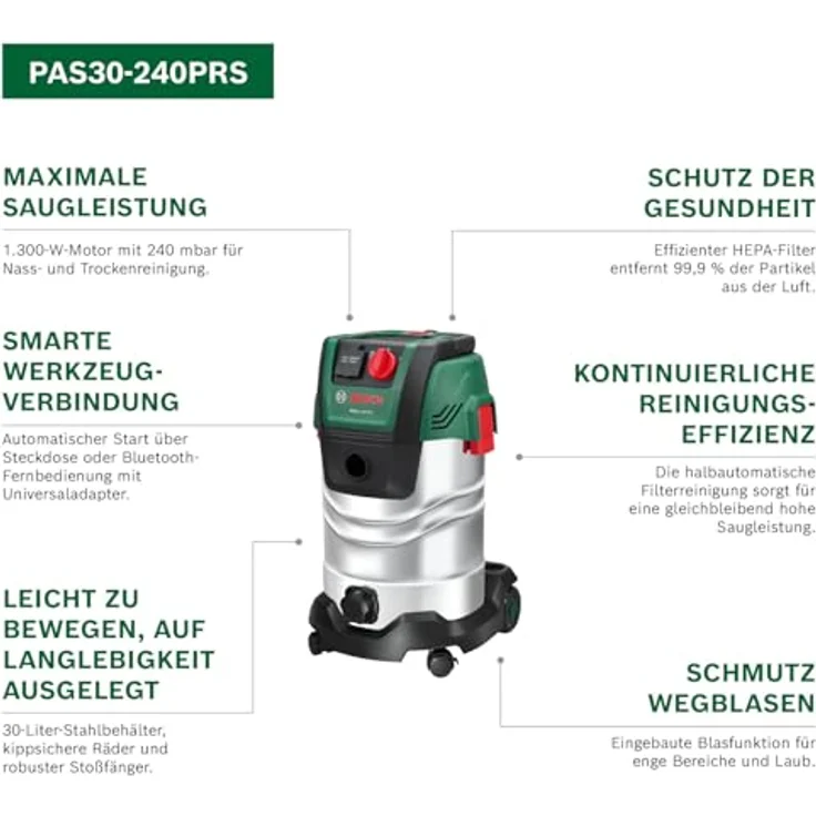 Bosch PAS30-240PRS, kabelgebundener Nass- und Trockensauger mit 1.300-W-Motor, HEPA-Filter und Fernbedienung, inkl. Edelstahl-Verlängerungsrohre und 2,2 m Schlauch – Bild 2