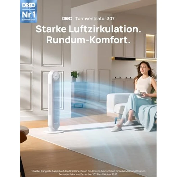 Dreo Nomad One Turmventilator, 20dB leise, 10m Wurfweite, 4 Geschwindigkeitsstufen, 4 Modi, 90° Oszillation, Fernbedienung, Weiß – Bild 3