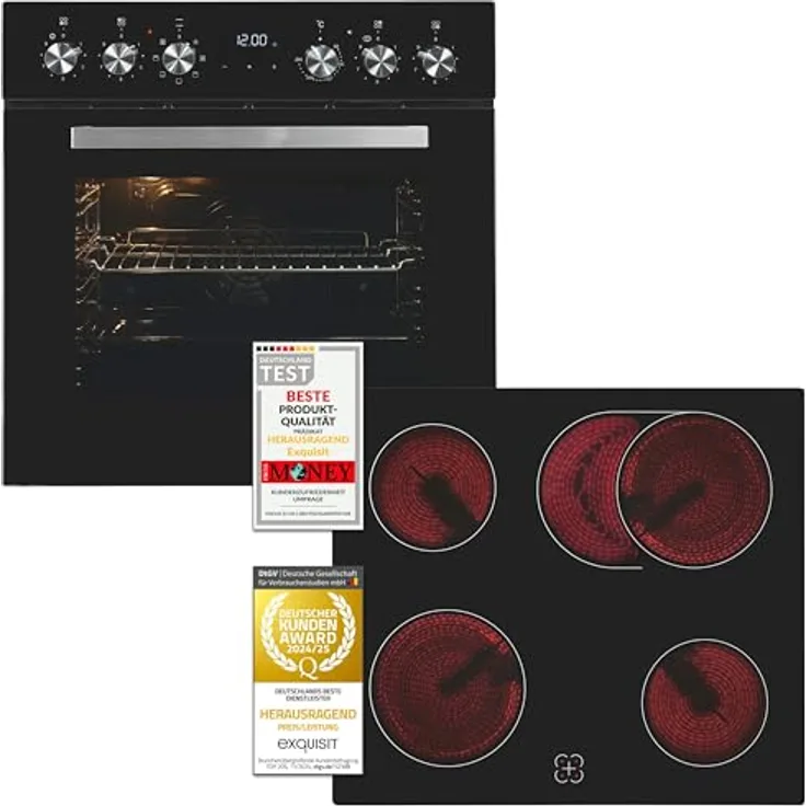 Exquisit Einbauherdset EHE157-UBZ-020-Set schwarz, 59 l Garraumvolumen, 7 Backprogramme, Kochen mit Grill und Umluft, Energieklasse A