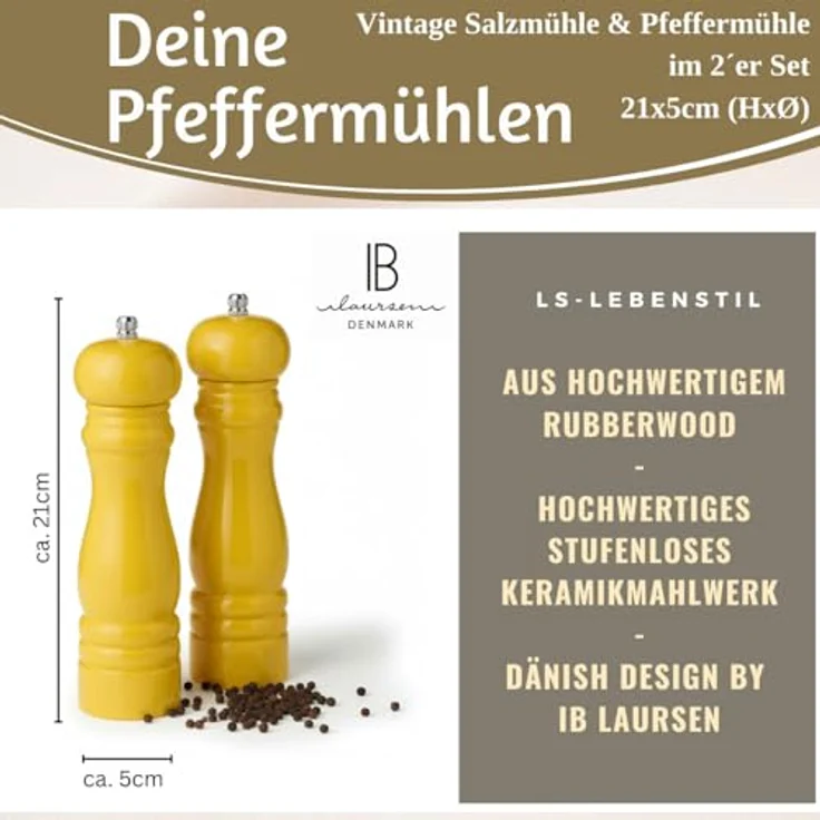 LS-LebenStil Salz-/Pfeffermühle Set iB Laursen, manuelle Holz-Gewürzmühle in Gelb, 21x5cm, stufenlos einstellbares Keramikmahlwerk für grobes Salz und schwarze Pfefferkörner, 2 Stück – Bild 4
