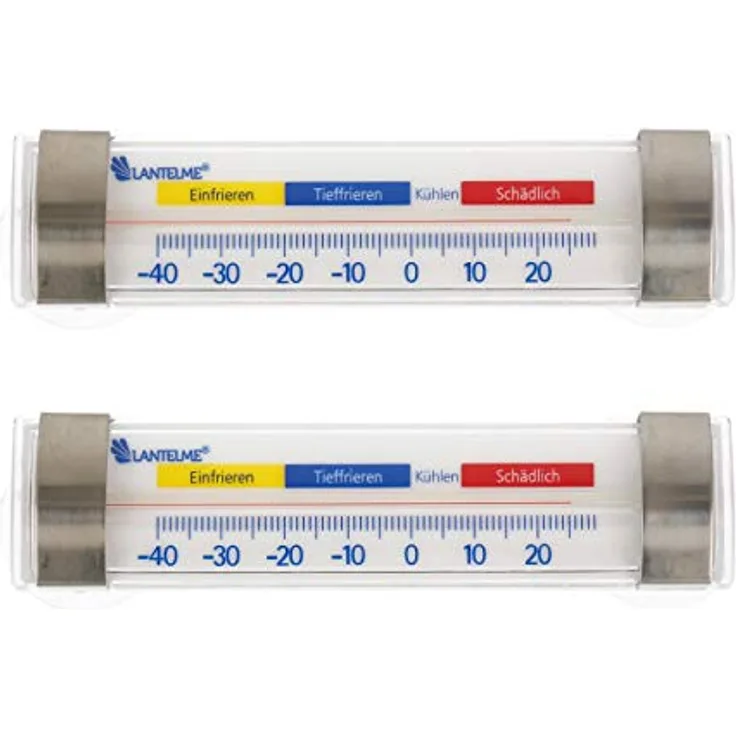 Lantelme 2 Stück Kühlschrankthermometer Set zum aufhängen mit Haken oder anhaften mit Saugnapf am Kühlschrank Kühl Gefrierschrank Thermometer Analog Kunststoff Edelstahl 7589