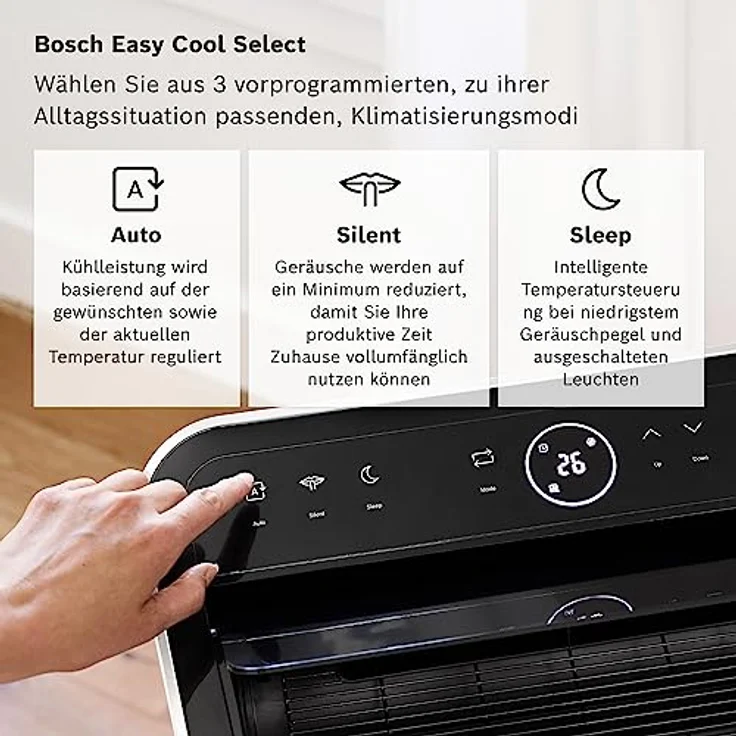 Bosch Cool 4000 Mobiles Klimagerät - 3-in-1: Klimagerät, Luftentfeuchter, Ventilator - 2,6 kW für Räume bis zu 35m² - Mit Auto-Modus, Silent-Modus & Sleep-Modus (48 db (A)) [Energieklasse A+] – Bild 3