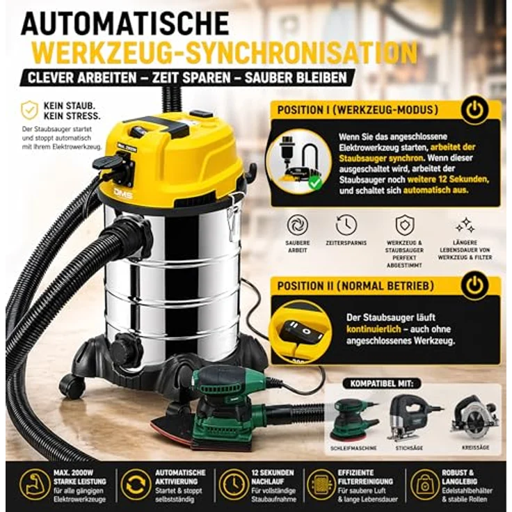 DMS NTSC-30 4in1 Staubsauger Nass Trocken Asche Blass 2300W 30L beutellos 30 Liter – Bild 4