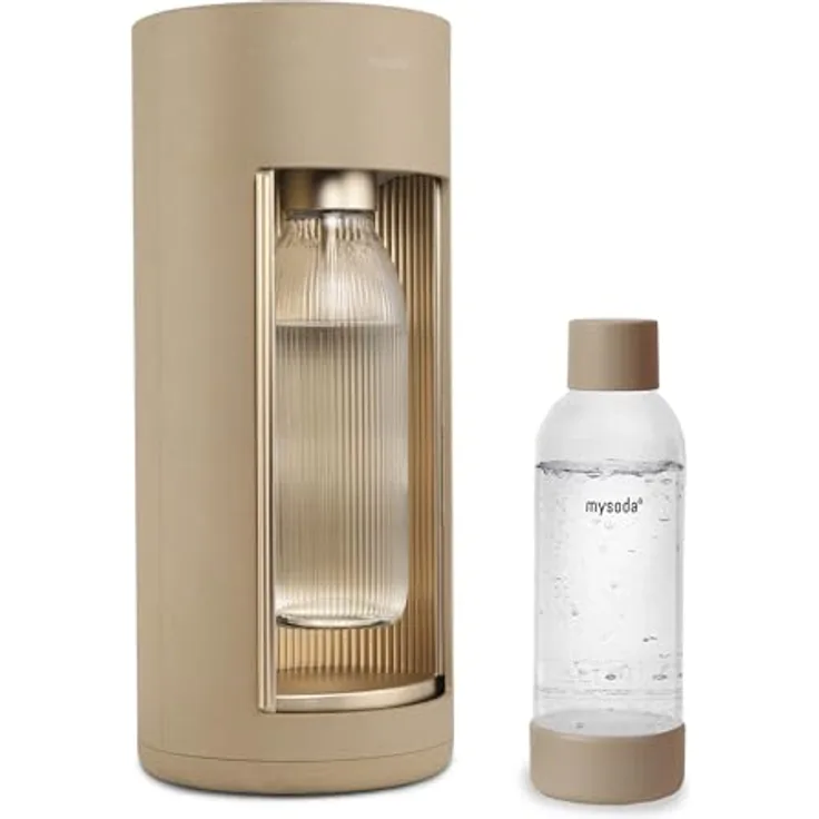 Mysoda Glassy Wassersprudler aus Holzkomposit und Aluminium (ohne CO2-Zylinder) mit 1-Liter-Glasflasche & BPA-freier 1-Liter-Plastikflasche - Latte