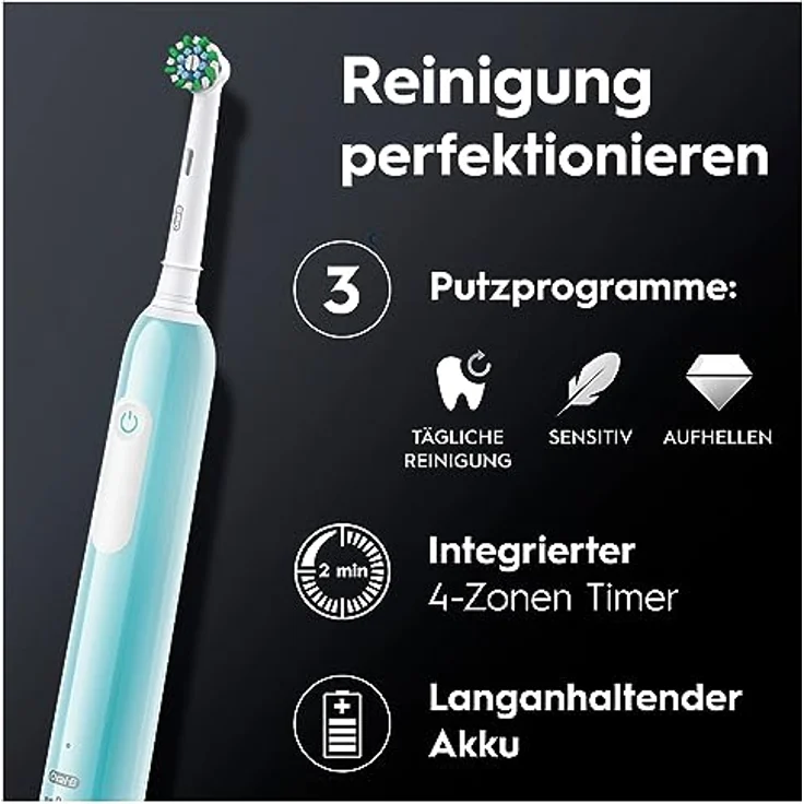 Oral-B Pro 1 Cross Action Elektrische Zahnbürste/Electric Toothbrush für Zahnreinigung, 3 Putzmodi inkl. Sensitive Zahnpflege, Drucksensor & Timer, Reiseetui, Designed by Braun, caribbean blue – Bild 4