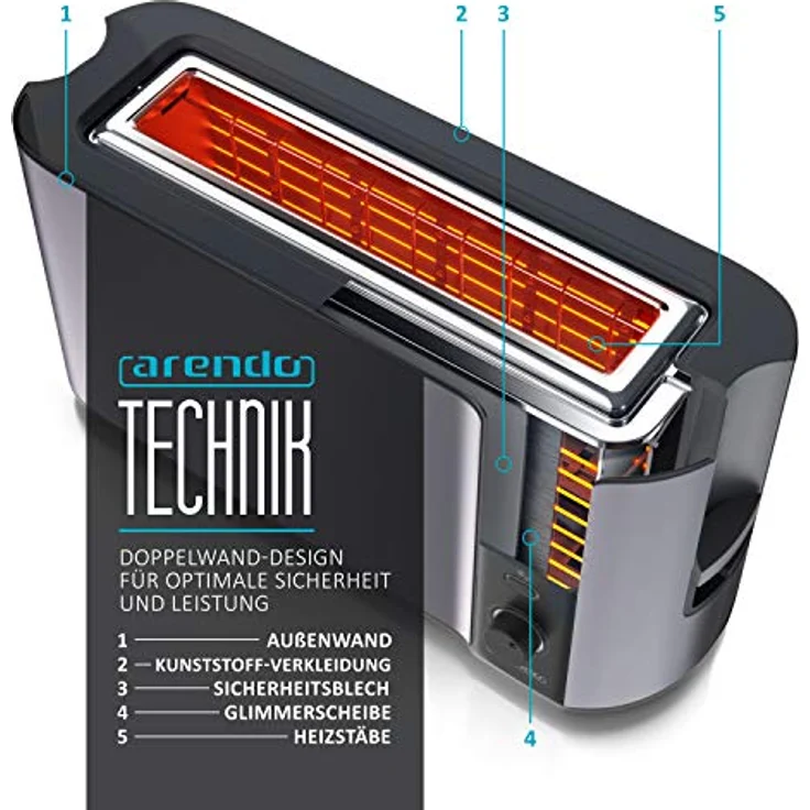 Arendo Toaster Langschlitz 2 Scheiben 1000W mit Defrost Funktion und Bräunungsgraden 1-6, Edelstahl/schwarz – Bild 4