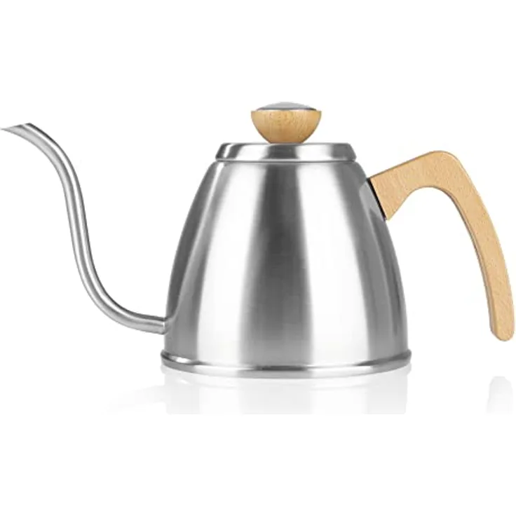 BEEM 03325 Pour Over Wasserkessel mit Thermometer, 18/8 Edelstahl, für alle Herdarten geeignet, 0,9 l Fassungsvermögen, Edelstahl und Buchenholz, für bis zu 7 Tassen (125 ml) Kaffee oder Tee