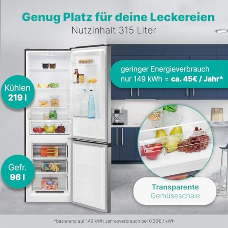Bomann® XXL Kühlschrank mit Gefrierfach 186cm | 60cm breit | Kühlgefrierkombi 4 Ablagen, inox – Bild 2