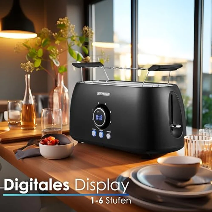 XXL Toaster 4 Scheiben mit Brötchenaufsatz | Toaster Schwarz | Digitales Display | Toastautomat | Automatische Abschaltung | Langschlitztoaster – Bild 3