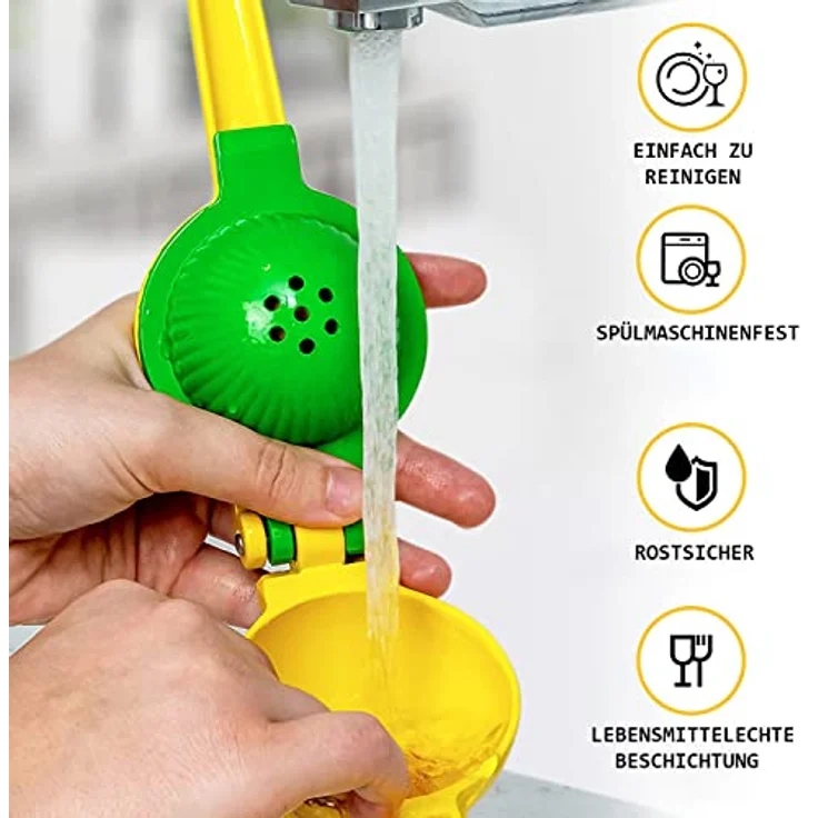 Zulay Kitchen 2-in-1 Zitronen- und Limettenpresse, manuelle Saftpresse aus robustem Aluminium (Gelb/Grün), mit Samenfilter und ergonomischem Griff – Bild 5