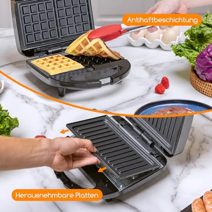 Aigostar Sandwichmaker 3 in 1, Sandwichtoaster, Kontaktgrill, Waffeleisen 3 in 1, 3 Abnehmbare, Spülmaschinengeeignete und Antihaftbeschichtete Grillplatten, Dreieckig Sandwich Maker 30JVU, 750 W – Bild 3