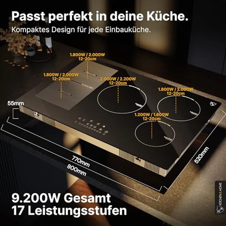 K&H Induktionskochfeld 80-IN-9200FLX, 5 Zonen Induktionskochplatte mit Sensor Touch Steuerung, autark, 80 cm, 9200 Watt, 17 Leistungsstufen, Glaskeramik Oberfläche – Bild 2