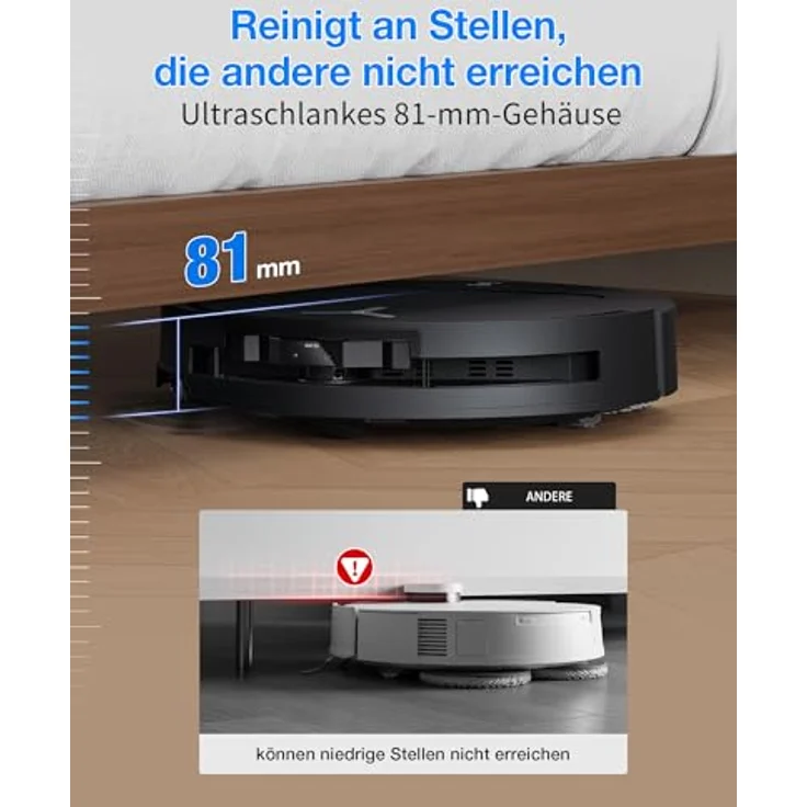 ECOVACS DEEBOT T50 Omni Gen3 Saugroboter mit Wischfunktion, 25.000 Pa Saugkraft, ZeroTangle 3.0, AIVI 3D 2.0, All-in-One-OMNI-Station, ultraflaches 81 mm Design, Mattschwarz – Bild 4