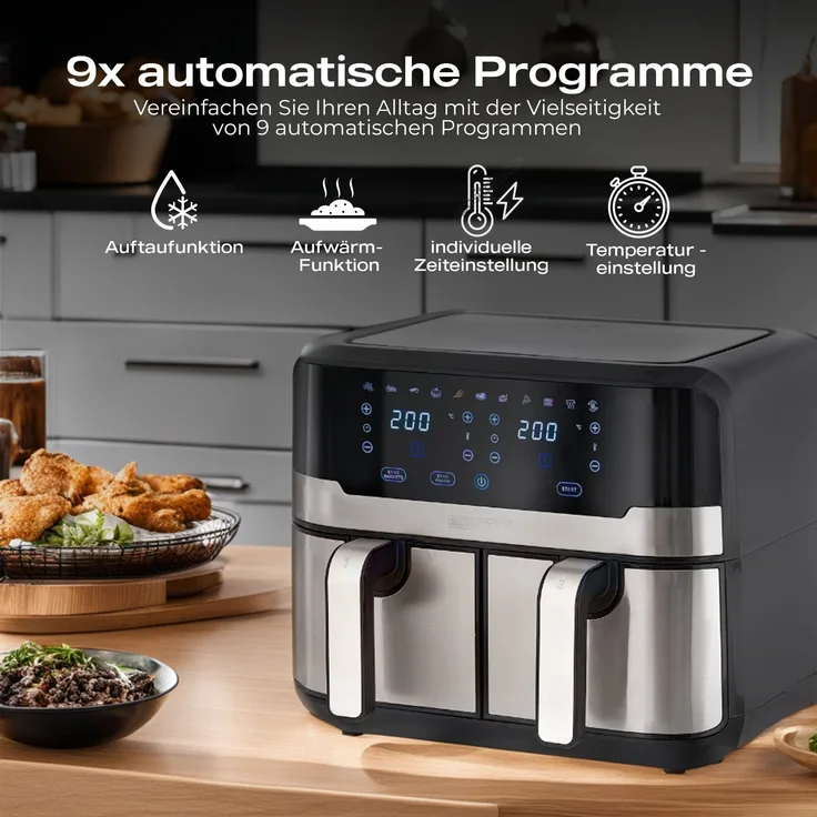 Heinrich´s Heißluftfritteuse HFR 8214, 2400,00 W, Airfryer, Doppel-Heißluftfritteuse, 9 Automatikprogramme
