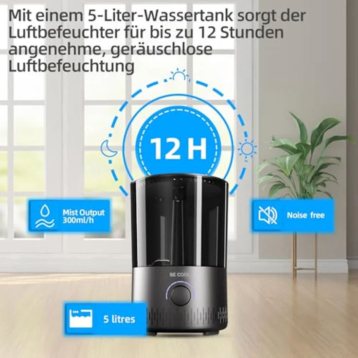 Be Cool Luftbefeuchter 2-in-1, Warm-/Kaltluft mit 7 einstellbaren Stufen, 360° Drehung, 12 Stunden Laufzeit, 5L Tank, Schwarz – Bild 3