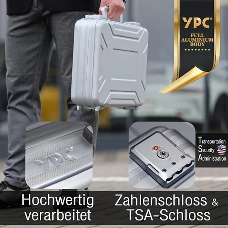 YPC EliteGuard - Voll-Aluminium Koffer 420x350x115mm, nicht brennbares Gehäuse, Hartschalenkoffer mit individuell anpassbarem Schaumstoff und TSA-Zahlenschloss, vielseitig einsetzbar als Aktenkoffer, Waffenkoffer oder Werkzeugkoffer – Bild 3